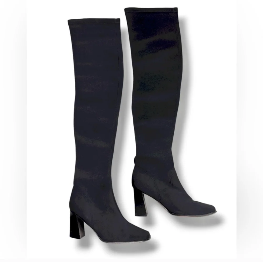 PAZZO Black Stretch Fabric Over the Knee Block Heel Boots